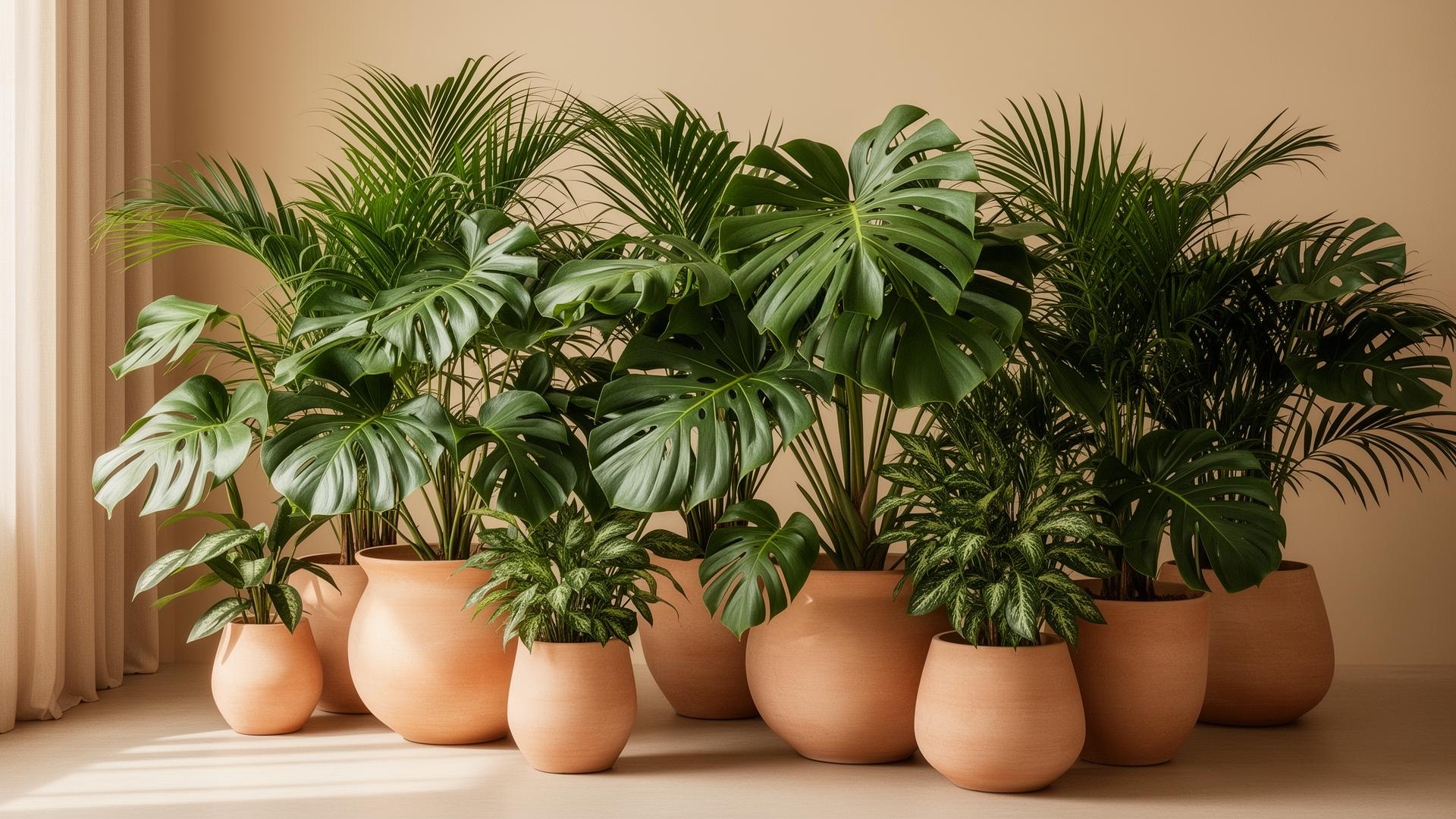 Lush tropical plants in terracotta pots